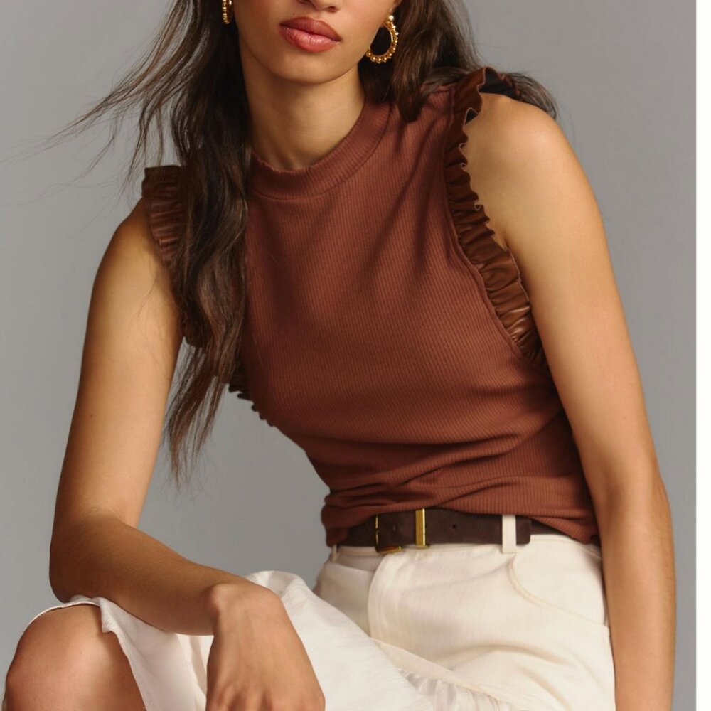 NWT Anthropologie Brown Ribbed Ruffle-Sleeve Tank Top Size S